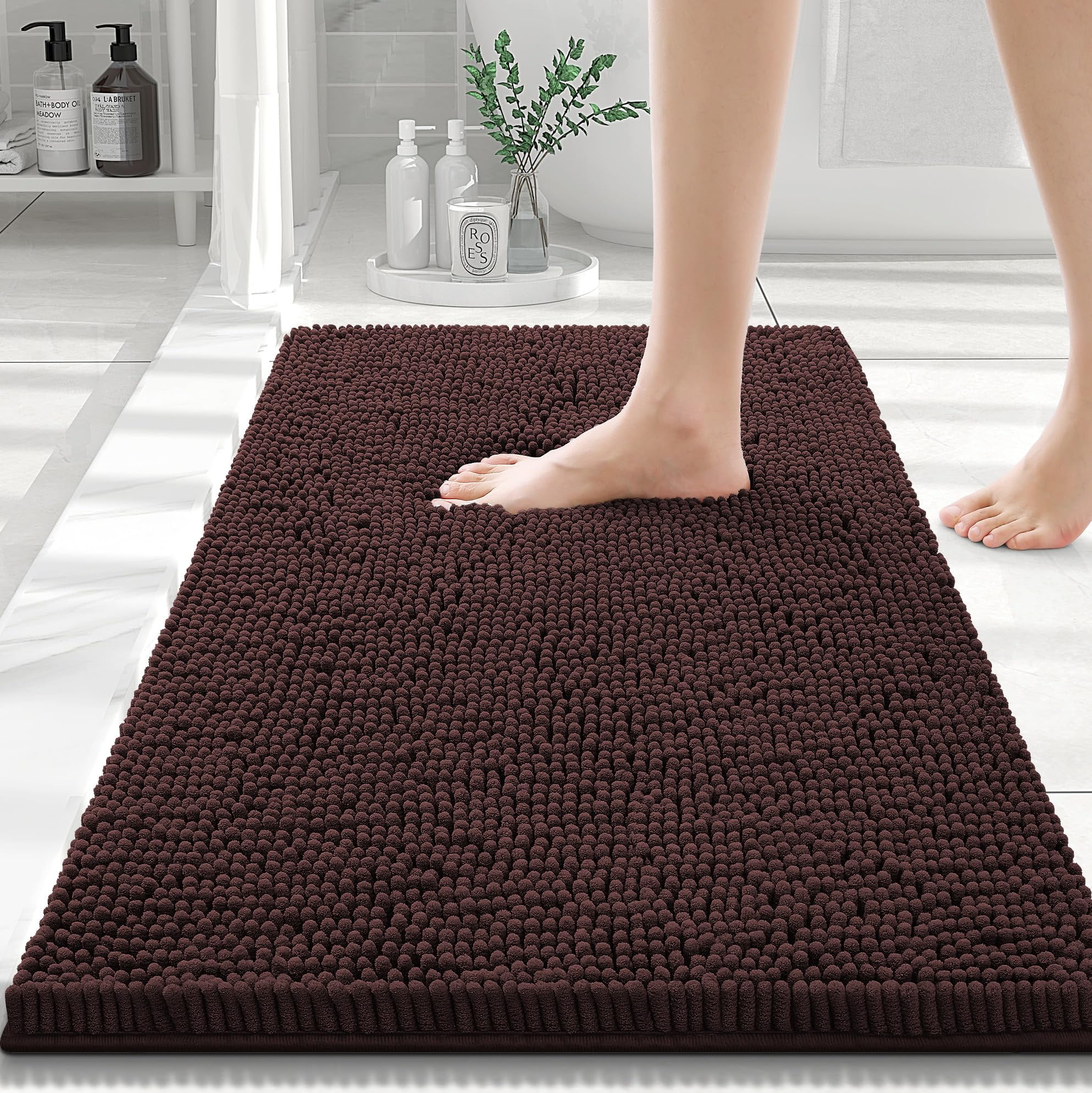 Smiry Luxury Chenille Bathroom Rugs, Extra Soft and Absorbent Bath Mat, Brown, 20"x30"