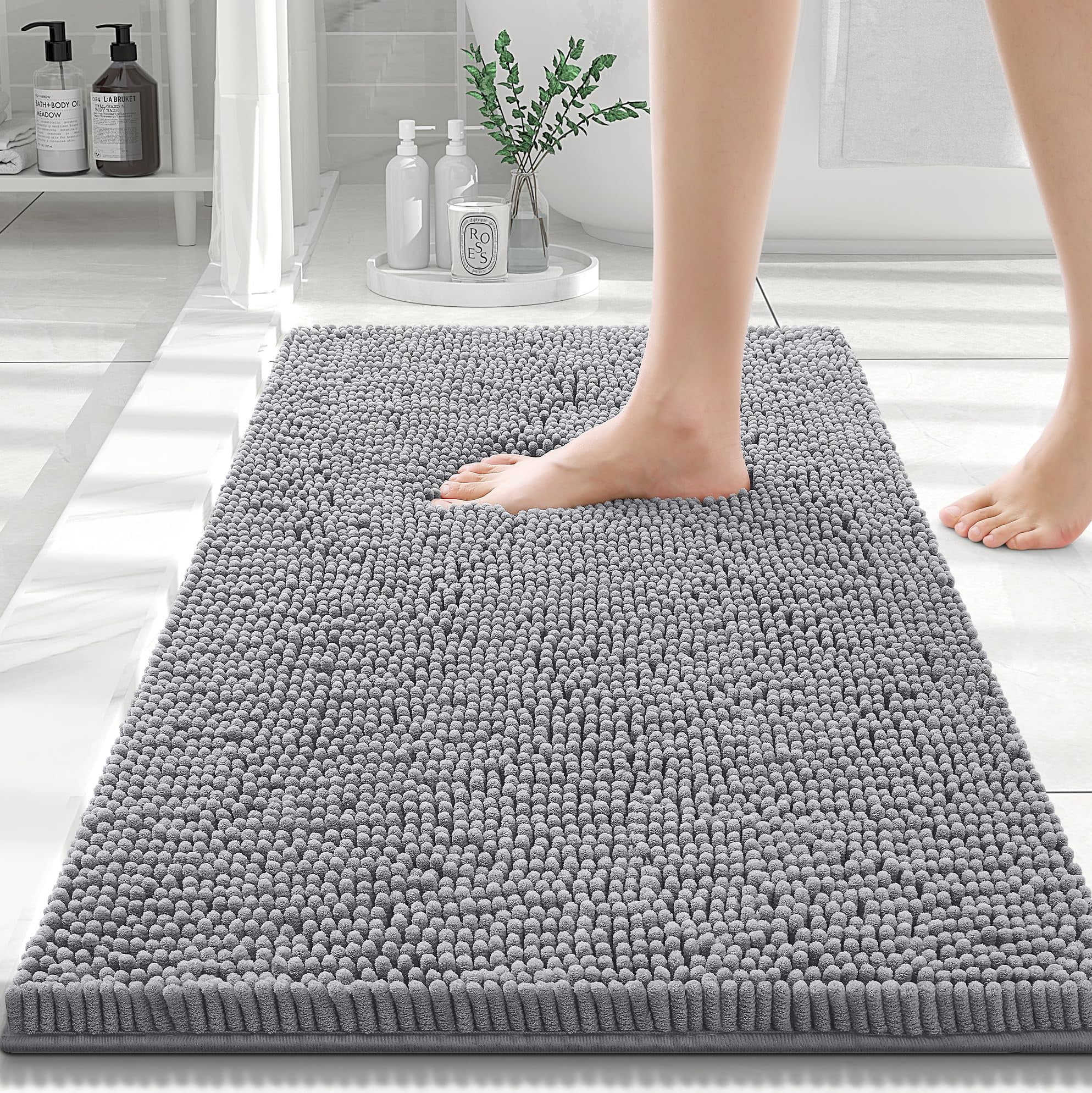Smiry Luxury Chenille Bathroom Rugs, Extra Soft and Absorbent Bath Mat, Dark Grey, 16"x24"