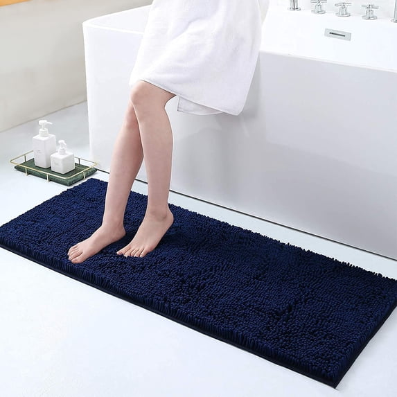 Smiry Luxury Chenille Bathroom Rugs, Extra Soft and Absorbent Bath Mat, Navy Blue, 17"x47"