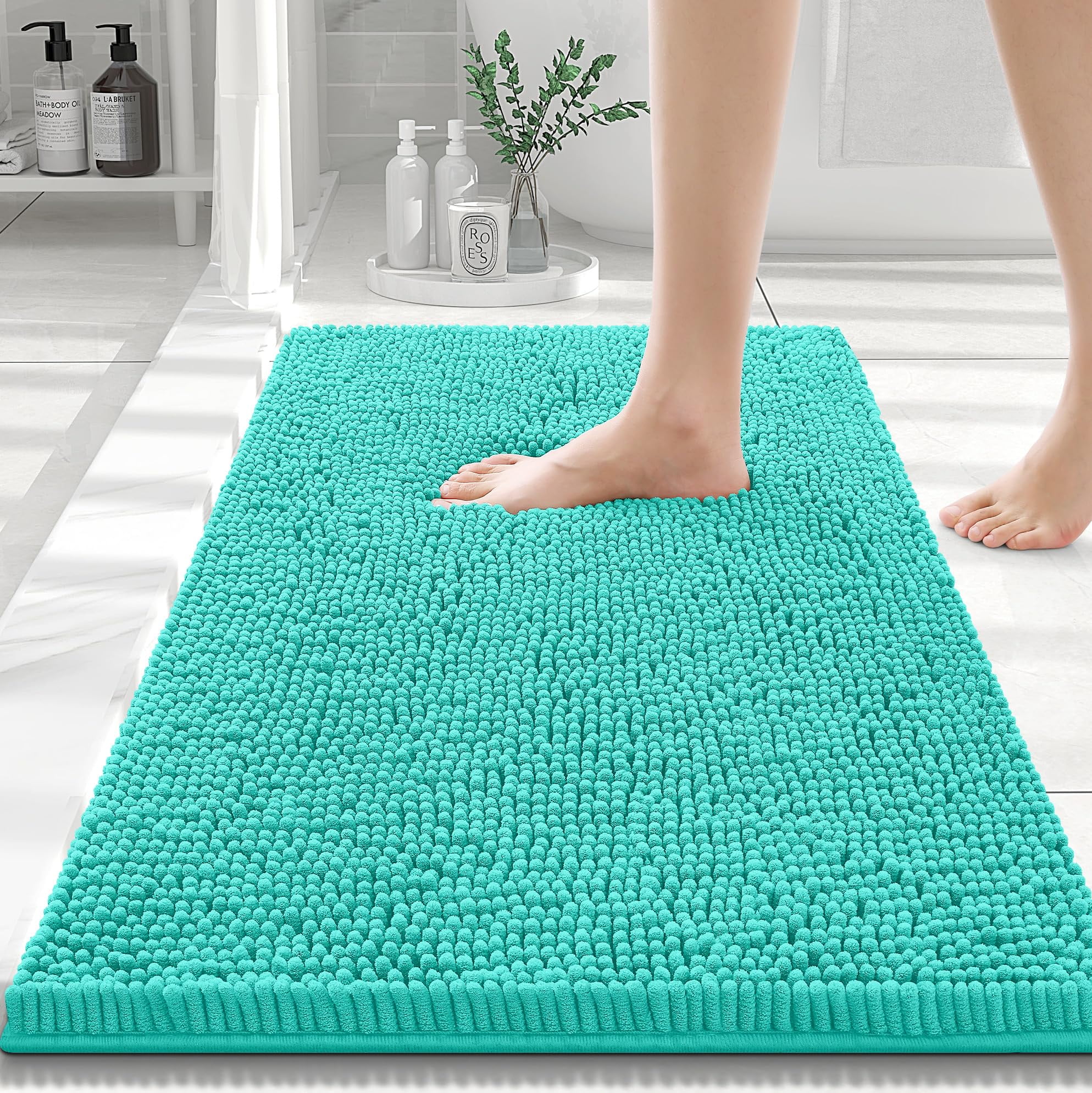 Smiry Luxury Chenille Bathroom Rugs Extra Soft and Absorbent Bath Mat Turquoise 16 x24
