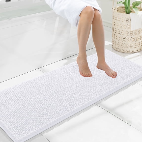 Smiry Luxury Chenille Bathroom Rugs, Extra Soft and Absorbent Bath Mat, White, 17"x47"