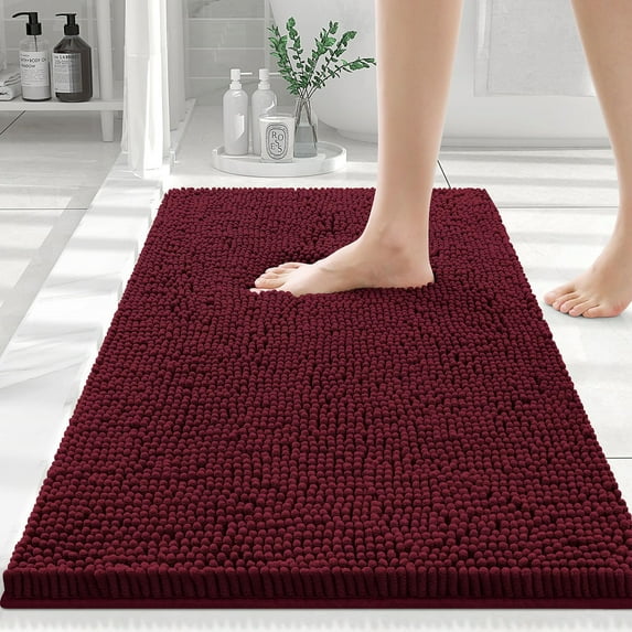 Smiry Luxury Chenille Bathroom Rugs, Extra Soft and Absorbent Bath Mat, Wine Red, 16"x24"