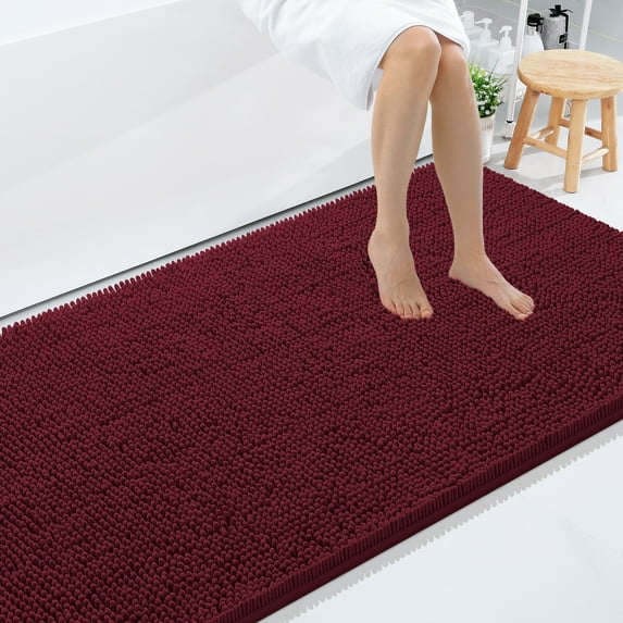 Smiry Luxury Chenille Bathroom Rugs, Extra Soft and Absorbent Bath Mat, Wine Red, 35"x59"