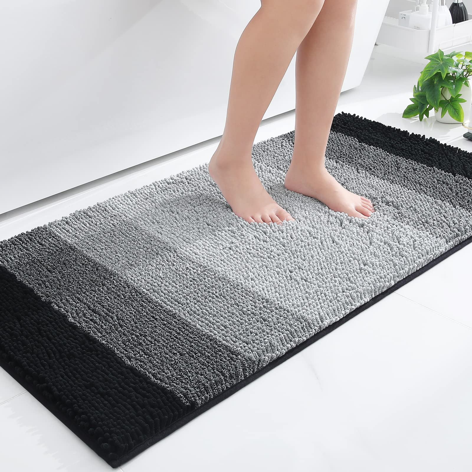Smiry Luxury Large Plush Chenille Bath Rug, Shaggy, Absorbent, NonSlip, 24x47, Black