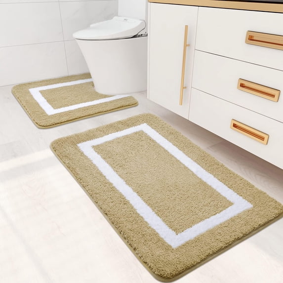 Smiry Luxury Microfiber Set 2 Pieces Bathroom Rug Mat 20"x30"and U-Shaped Contour Toilet Rug 24"x20" ,Soft Absorbent Bath Rug Non-Slip Plush Shaggy Bath Carpet,Beige