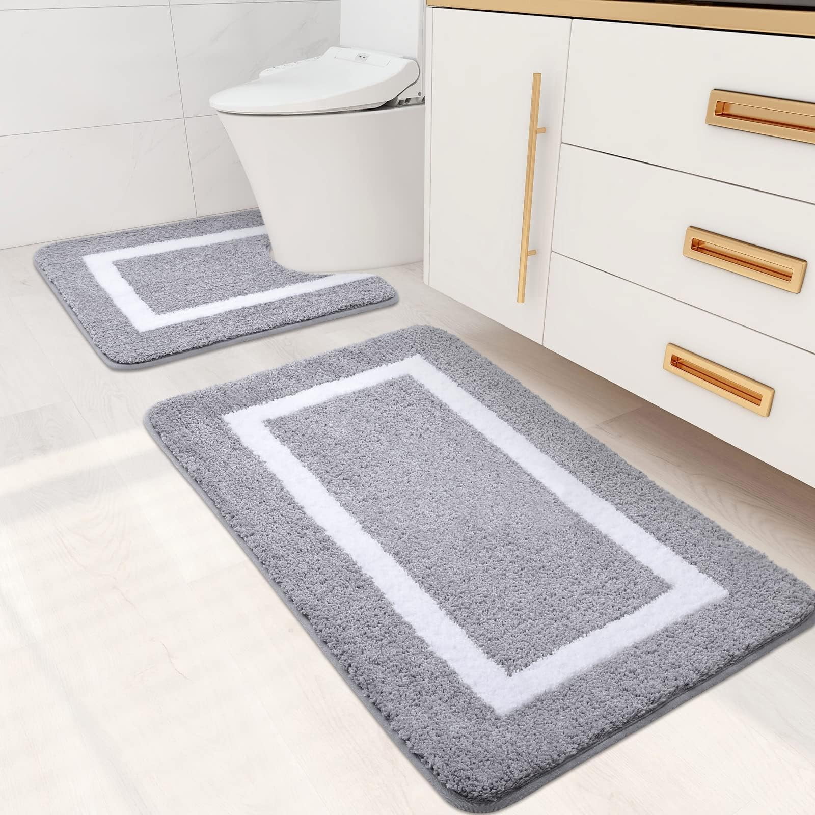 Smiry Luxury Microfiber Set 2 Pieces Bathroom Rug Mat 20"x30"and U-Shaped Contour Toilet Rug 24"x20" ，Soft Absorbent Bath Rug Non-Slip Plush Shaggy Bath Carpet,Grey