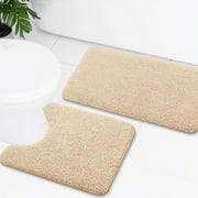 Smiry Microfiber Bathroom Rugs 2 Piece Set, Soft Non-Slip Absorbent Bath Mat And U-Shaped Toilet Contour Rug (24"x20"+30"x20", Beige)
