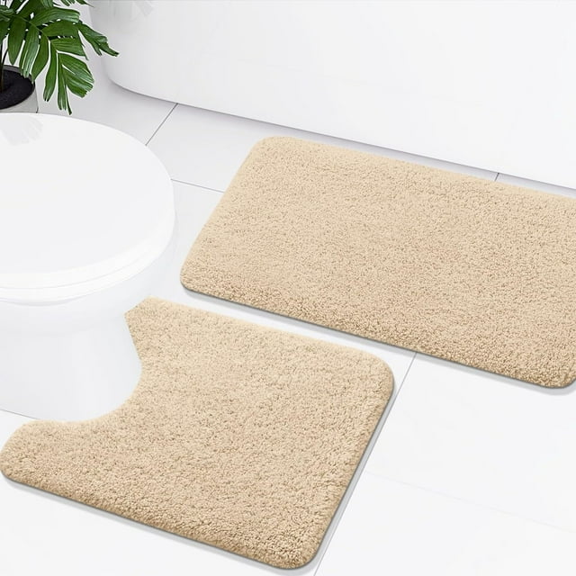 Smiry Microfiber Bathroom Rugs 2 Piece Set, Soft Non-Slip Absorbent Bath Mat And U-Shaped Toilet Contour Rug (24"x20"+30"x20", Beige)