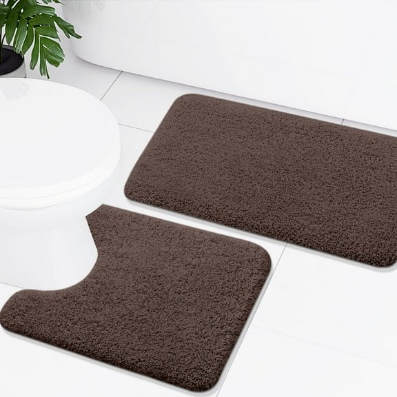 Smiry Microfiber Bathroom Rugs 2 Piece Set, Soft Non-Slip Absorbent Bath Mat And U-Shaped Toilet Contour Rug (24"x20"+30"x20", Brown)