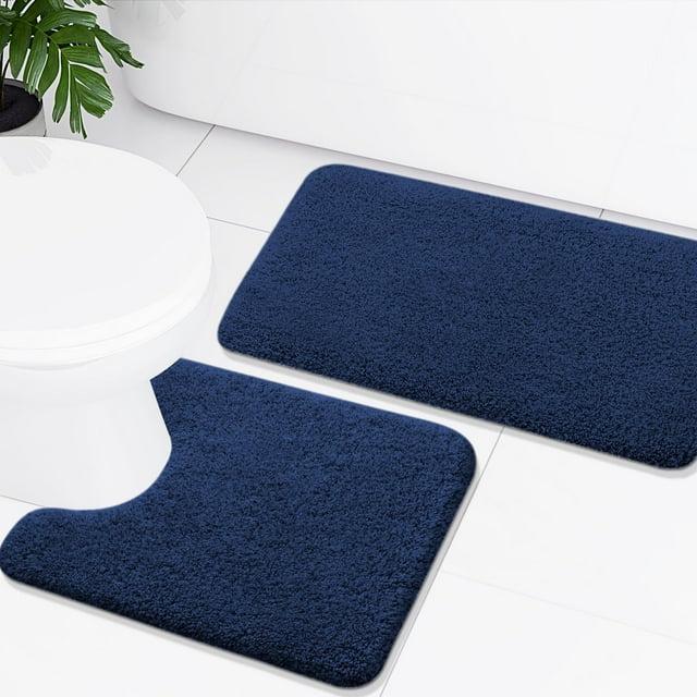 Smiry Microfiber Bathroom Rugs 2 Piece Set, Soft Non-Slip Absorbent Bath Mat And U-Shaped Toilet Contour Rug (24"x20"+30"x20", Navy Blue)