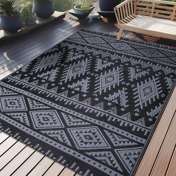 Smiry Outdoor Rugs 5'X8', Waterproof Plastic Outdoor Mat, Reversible Outdoor Carpet for Patio, RV Camping, Porch, Black & Grey