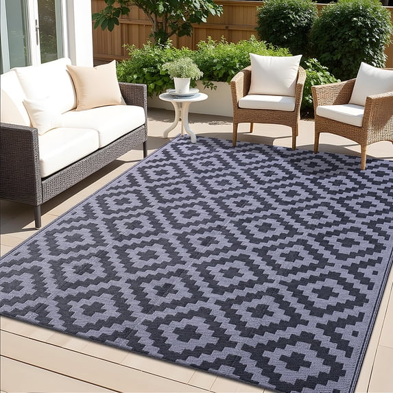 Smiry Outdoor Rug 5x8, Waterproof Reversible Plastic Outdoor Mat, Indoor Outdoor Rugs for Patio, RV, Deck, Porch, Black & Grey