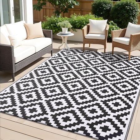 Smiry Outdoor Rug 5x8, Waterproof Reversible Plastic Outdoor Mat, Indoor Outdoor Rugs for Patio, RV, Deck, Porch, Black & White