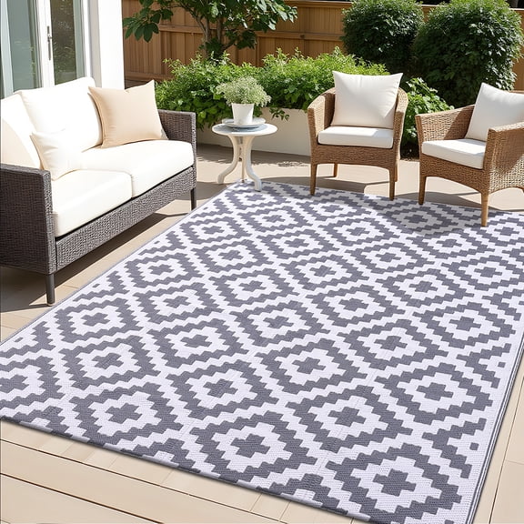 Smiry Outdoor Rug 5x8, Waterproof Reversible Plastic Outdoor Mat, Indoor Outdoor Rugs for Patio, RV, Deck, Porch, Grey & White