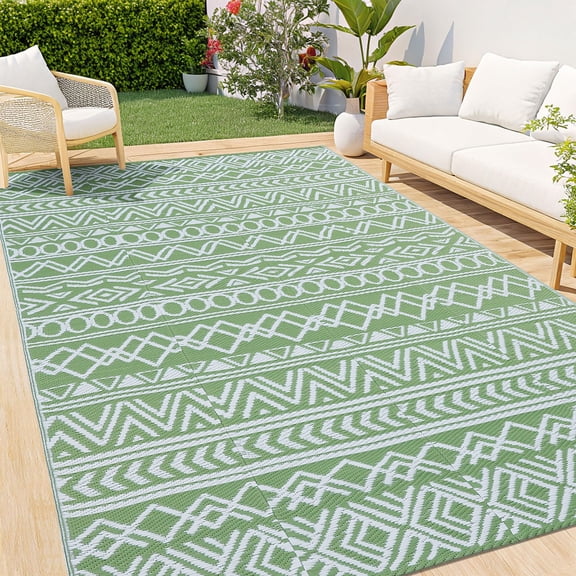 Smiry Outdoor Rugs 5x8, Waterproof Plastic Straw Geometric Indoor Outdoor Mat for Patio, RV Camping, Deck,Porch, White and Green