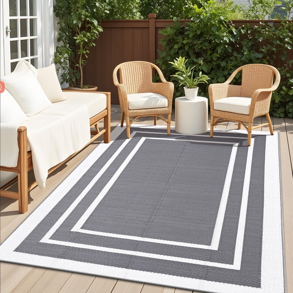 Smiry Outdoor Rugs 5x8, Waterproof Plastic Straw Indoor Outdoor Mat for Patio, RV Camping, Deck,Porch, Grey & White
