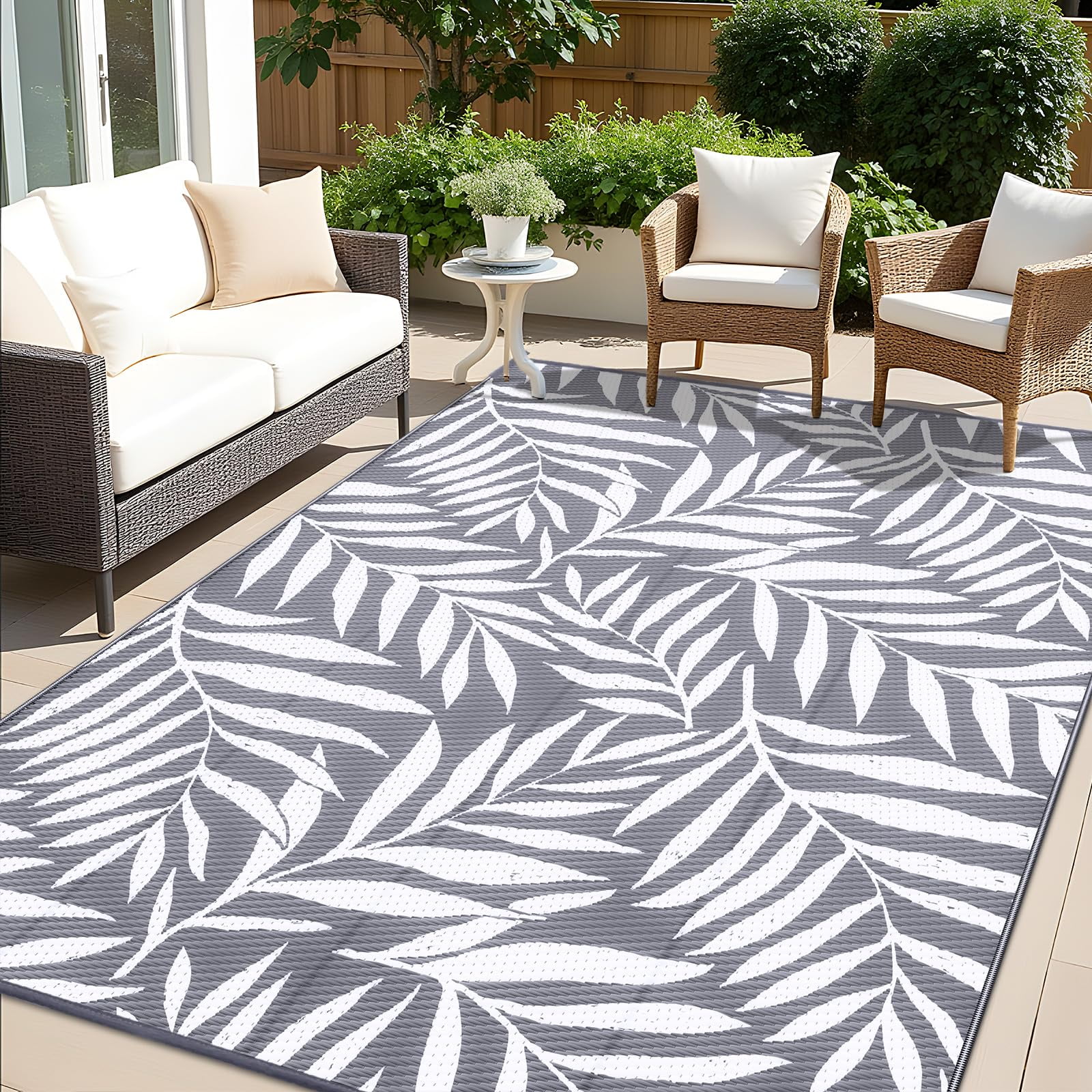 Smiry Outdoor Rugs 5x8, Waterproof Plastic Straw Indoor Outdoor Mat for Patio, RV Camping, Deck,Porch, Grey & White