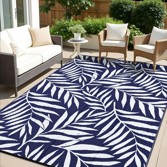 Smiry Outdoor Rugs 5x8, Waterproof Plastic Straw Indoor Outdoor Mat for Patio, RV Camping, Deck,Porch, Navy & White