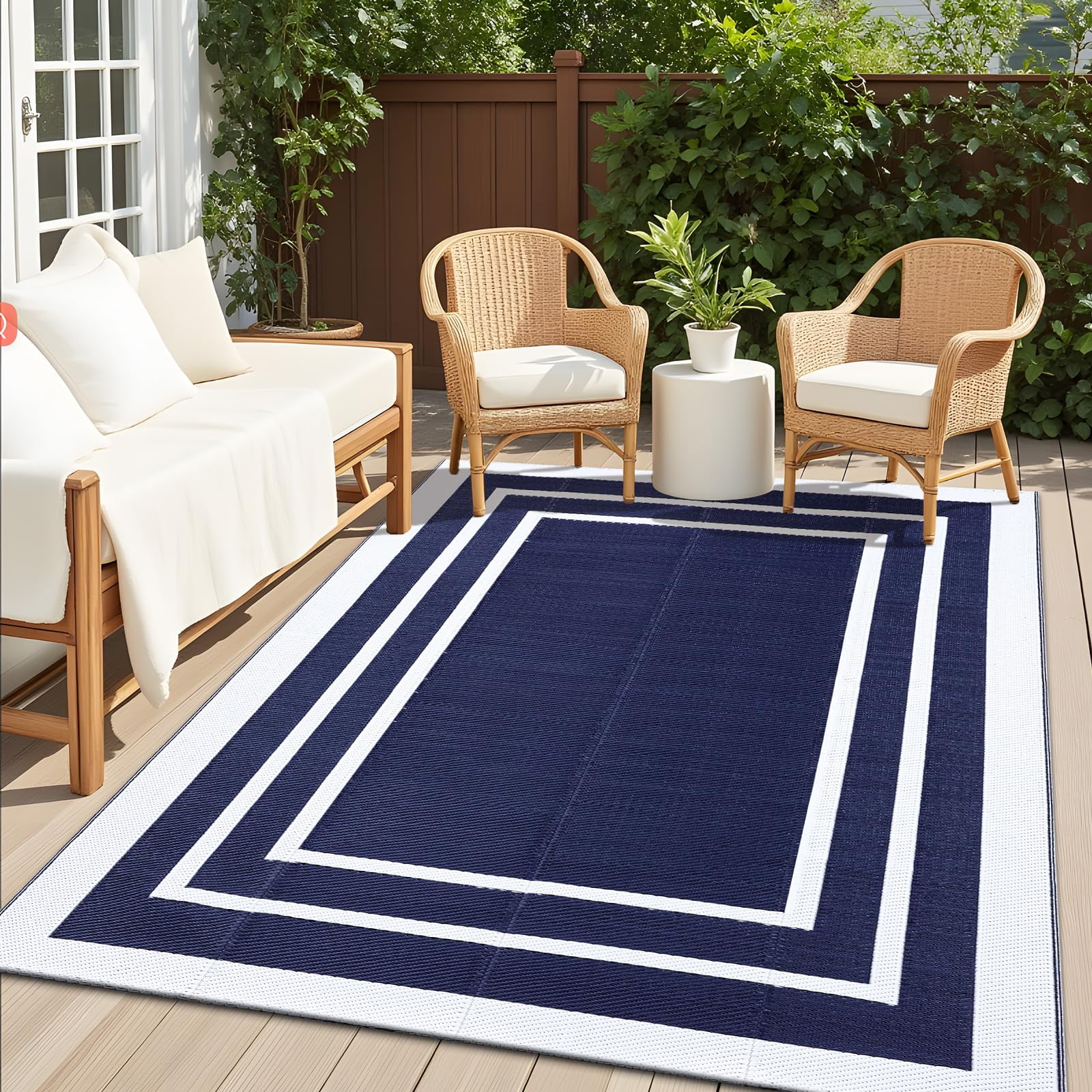 Smiry Outdoor Rugs 5x8, Waterproof Plastic Straw Indoor Outdoor Mat for Patio, RV Camping, Deck,Porch, Navy & White
