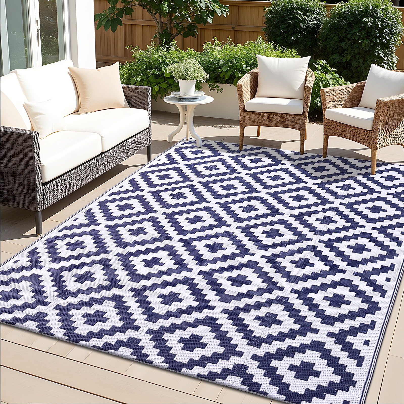 Smiry Outdoor Rug 6x9, Waterproof Reversible Plastic Outdoor Mat, Indoor Outdoor Rugs for Patio, RV, Deck, Porch, Navy & White