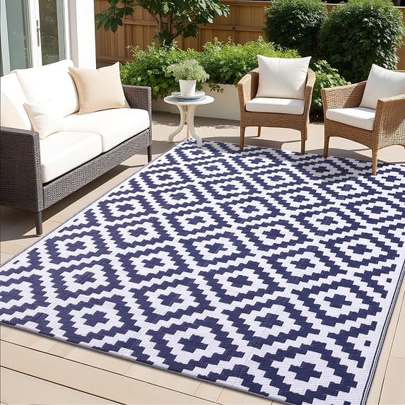 Smiry Outdoor Rug 6x9, Waterproof Reversible Plastic Outdoor Mat, Indoor Outdoor Rugs for Patio, RV, Deck, Porch, Navy & White