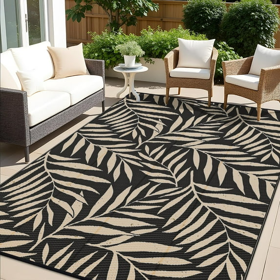 Smiry Outdoor Rugs 6x9, Waterproof Plastic Straw Indoor Outdoor Mat for Patio, RV Camping, Deck,Porch, Black & Beige