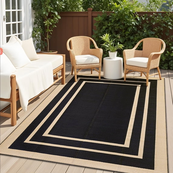 Smiry Outdoor Rugs 6x9, Waterproof Plastic Straw Indoor Outdoor Mat for Patio, RV Camping, Deck,Porch, Black & Beige