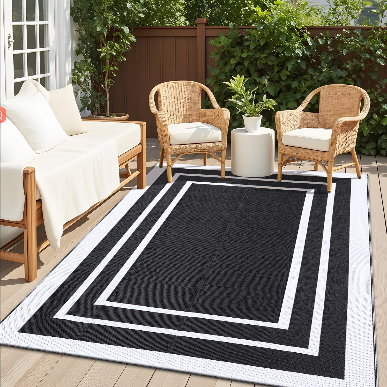Smiry Outdoor Rugs 6x9, Waterproof Plastic Straw Indoor Outdoor Mat for Patio, RV Camping, Deck,Porch, Black & White