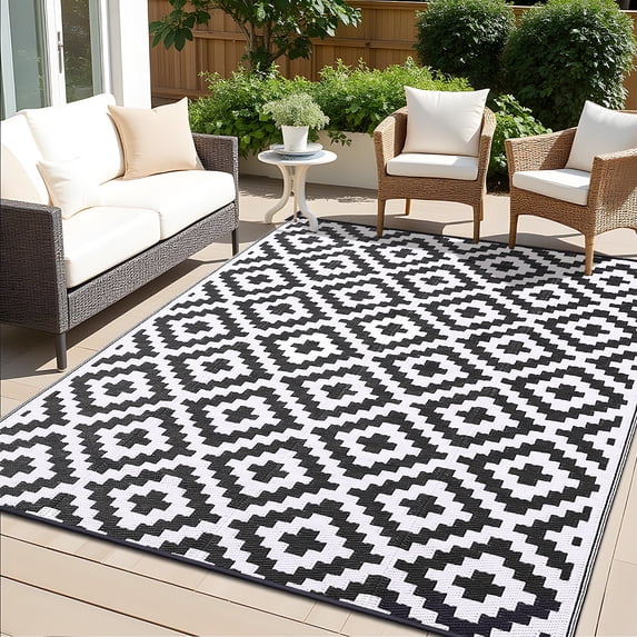 Smiry Outdoor Rug 8x10, Waterproof Reversible Plastic Outdoor Mat, Indoor Outdoor Rugs for Patio, RV, Deck, Porch, Black & White