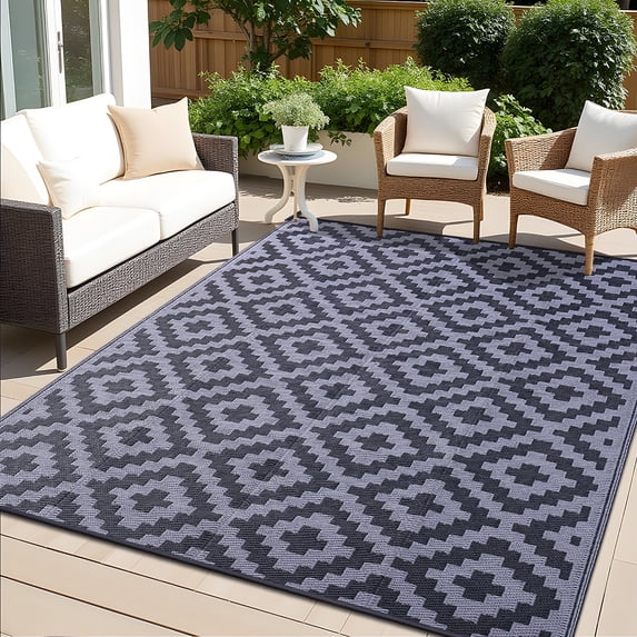 Smiry Outdoor Rug 9x12, Waterproof Reversible Plastic Outdoor Mat, Indoor Outdoor Rugs for Patio, RV, Deck, Porch, Black & Grey