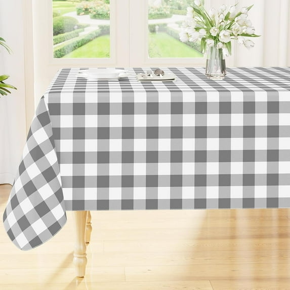 Smiry Rectangle Table Cloth, Waterproof Vinyl Tablecloths with Flannel Backing, Wipeable Buffalo Plaid Table Cover for Dining, Indoor and Outdoor (Grey & White, 60"x84")