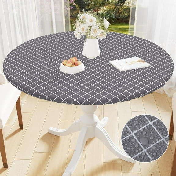 Smiry Round Vinyl Tablecloth,Waterproof Fitted Flannel Backed Table Cover for 36" - 44" Tables, Elastic for Picnic Table Cloth, Indoor and Outdoor, Grey
