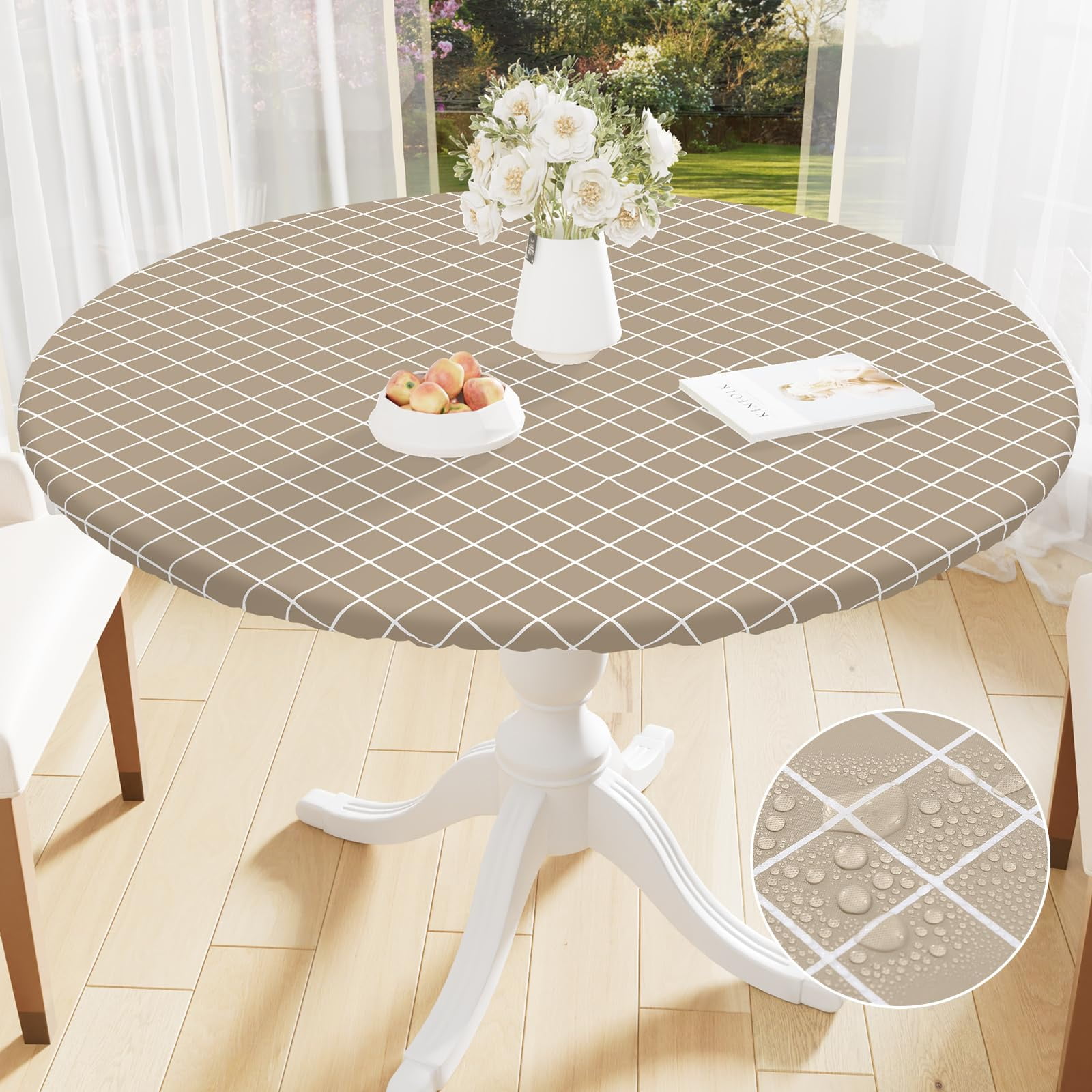 Smiry Round Vinyl Tablecloth,Waterproof Fitted Flannel Backed Table Cover for 36" - 44" Tables, Elastic for Picnic Table Cloth, Indoor and Outdoor, Khaki