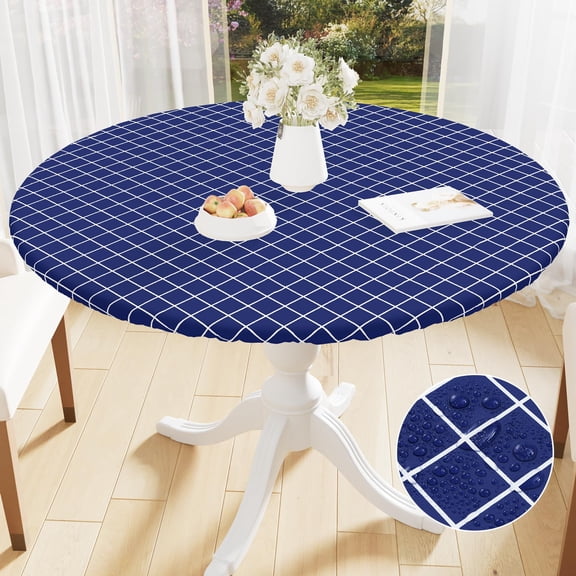 Smiry Round Vinyl Tablecloth,Waterproof Fitted Flannel Backed Table Cover for 36" - 44" Tables, Elastic for Picnic Table Cloth, Indoor and Outdoor, Navy