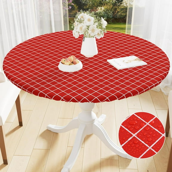 Smiry Round Vinyl Tablecloth,Waterproof Fitted Flannel Backed Table Cover for 36" - 44" Tables, Elastic for Picnic Table Cloth, Indoor and Outdoor, Red