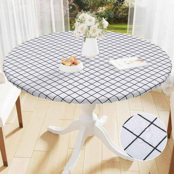 Smiry Round Vinyl Tablecloth,Waterproof Fitted Flannel Backed Table Cover for 36" - 44" Tables, Elastic for Picnic Table Cloth, Indoor and Outdoor, White