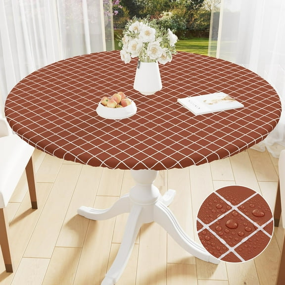 Smiry Round Vinyl Tablecloth,Waterproof Fitted Flannel Backed Table Cover for 45" - 56" Tables, Elastic for Picnic Table Cloth, Indoor and Outdoor, Rust