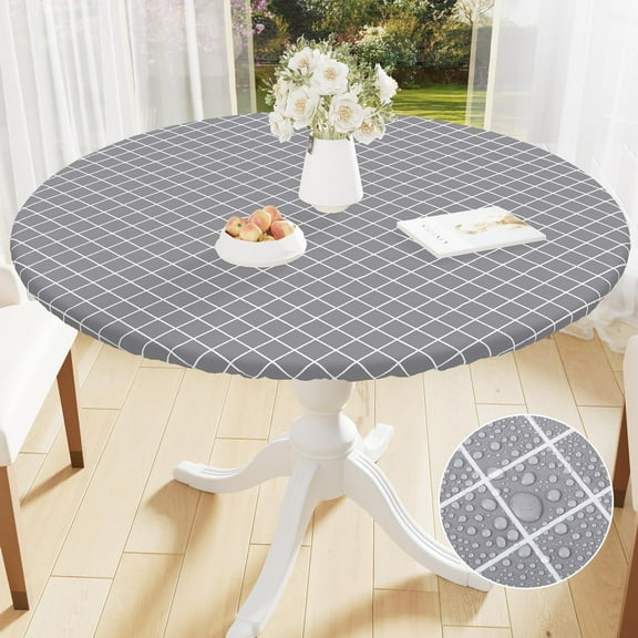 Smiry Round Vinyl Tablecloth,Waterproof Fitted Flannel Backed Table Cover for 57" - 68" Tables, Elastic for Picnic Table Cloth, Indoor and Outdoor, Light Grey