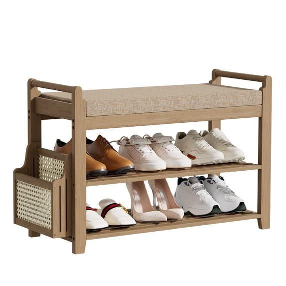 Smiry Shoe Rack Bench with Side Holder 28.2”, Bamboo Shoe Rack Organizer with Cushion for Entryway and Hallway, Walnut and Light Brown
