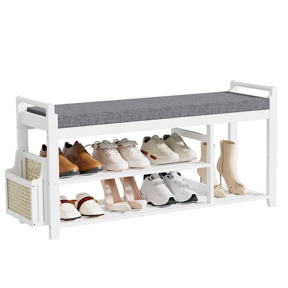 Smiry Shoe Rack Bench with Side Holder 39.4”, Bamboo Shoe Rack Organizer with Cushion for Entryway and Hallway, White and Dark Grey