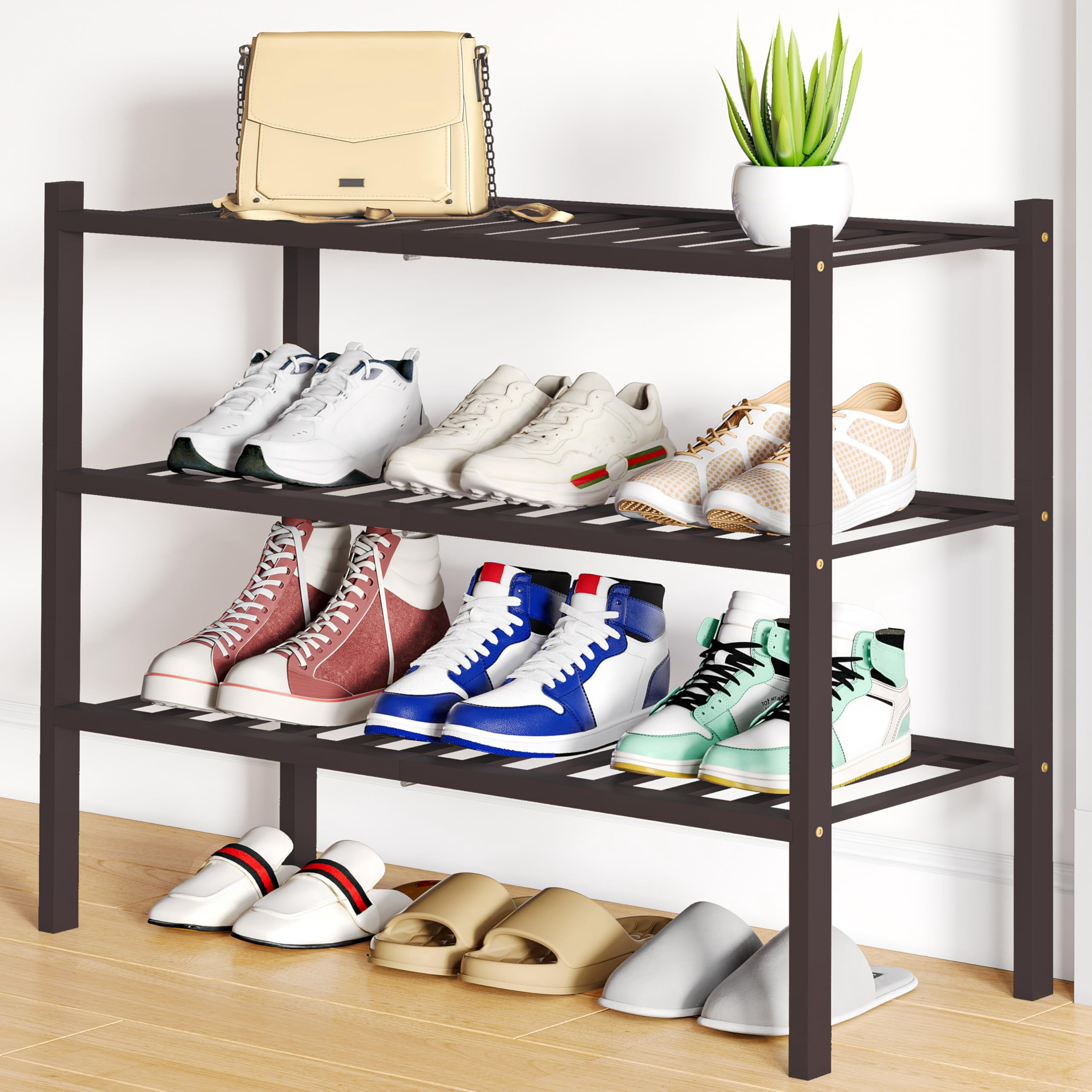 Smiry Shoe Rack 3 Tier, Stackable Bamboo Shoe Organizer, Shoe Storage ...
