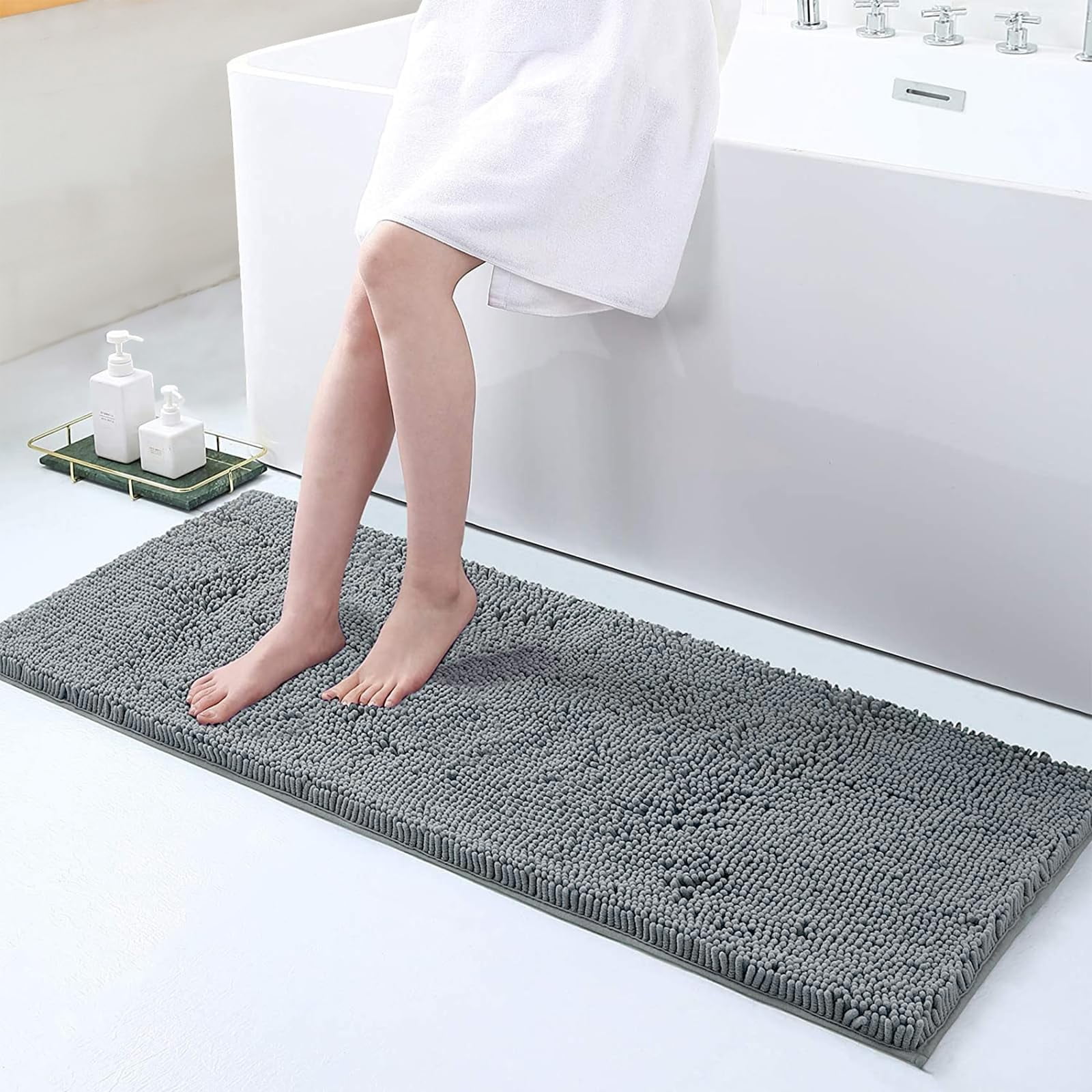 Suchtale Luxury Chenille Bathroom Rug, Non Slip Bath Mat (17x24 Inch Grey)  Water Absorbent Soft Plush Shaggy Microfiber Rugs, Machine Washable Dry