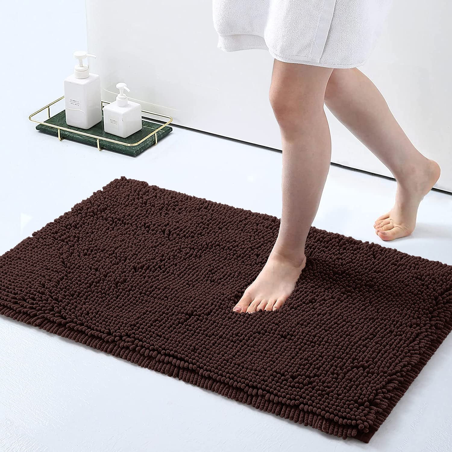 Bathroom Rugs by LuxUrux, Extra-Soft Fluffy Plush Non-Slip Shower Bath Mat, Size: 20x30+23x35, Brown