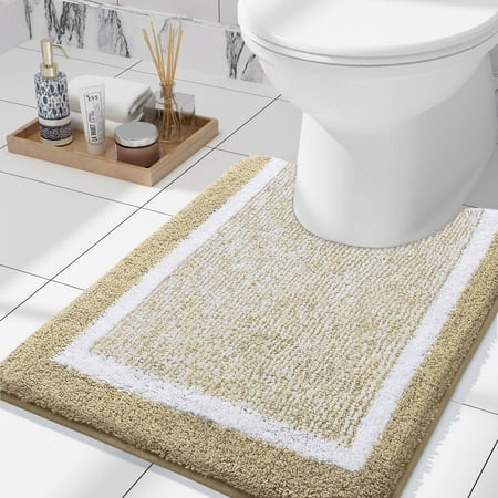 Smiry U-Shaped Luxury Bathroom Rugs, Ultra Soft and Absorbent Microfiber Contour Bath Rug, Non-Slip Machine Washable Toilet Rug, 24"x20", Beige and White