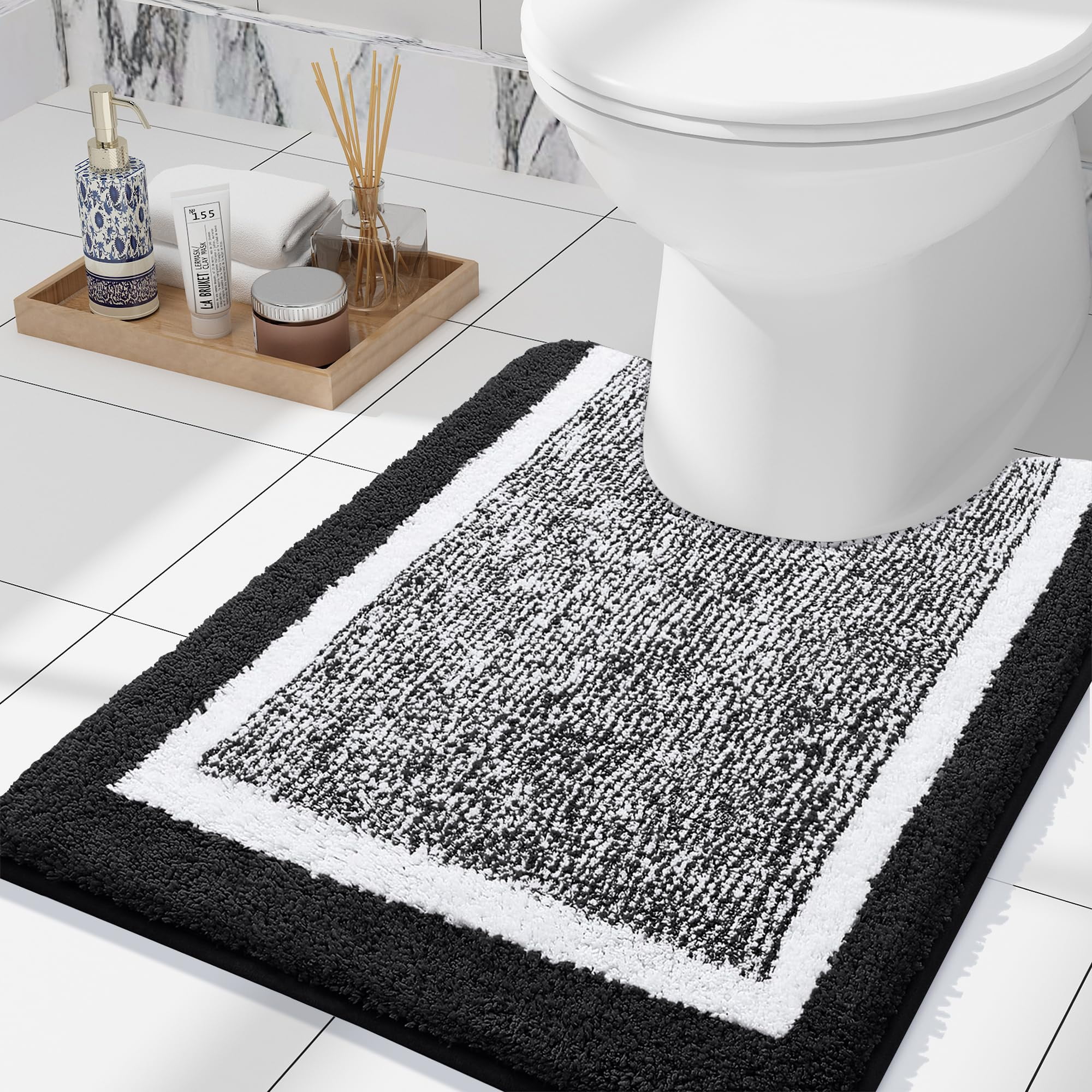 Smiry U-Shaped Luxury Bathroom Rugs, Ultra Soft and Absorbent Microfiber Contour Bath Rug, Non-Slip Machine Washable Toilet Rug, 24"x20", Black and White