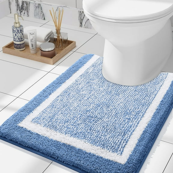 Smiry U-Shaped Luxury Bathroom Rugs, Ultra Soft and Absorbent Microfiber Contour Bath Rug, Non-Slip Machine Washable Toilet Rug, 24"x20", Blue and White