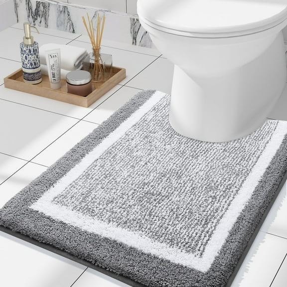 Smiry U-Shaped Luxury Bathroom Rugs, Ultra Soft and Absorbent Microfiber Contour Bath Rug, Non-Slip Machine Washable Toilet Rug, 24"x20", Grey and White