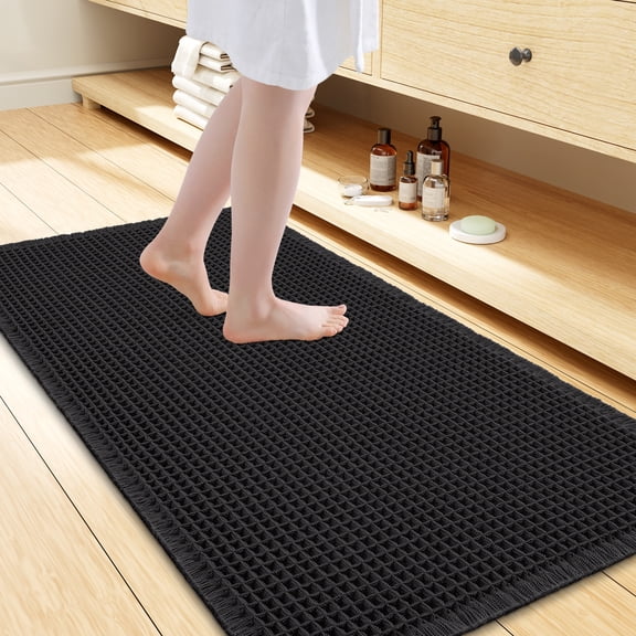 Smiry Waffle Bathroom Rugs 48x24, Extra Soft Absorbent Bath Mat, Non Slip Quick Dry Bath Rugs for Bathroom Floor, Tub and Home Decor with Tassels Boho, Black