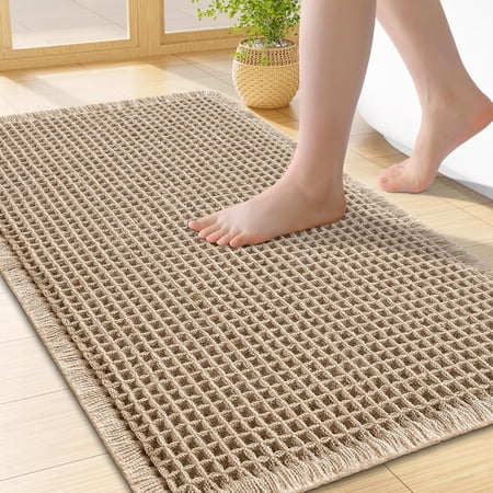 Smiry Waffle Bathroom Rugs 24x17, Extra Soft Absorbent Bath Mat, Non Slip Quick Dry Bath Rugs for Bathroom Floor, Tub and Home Decor with Tassels Boho, Brown