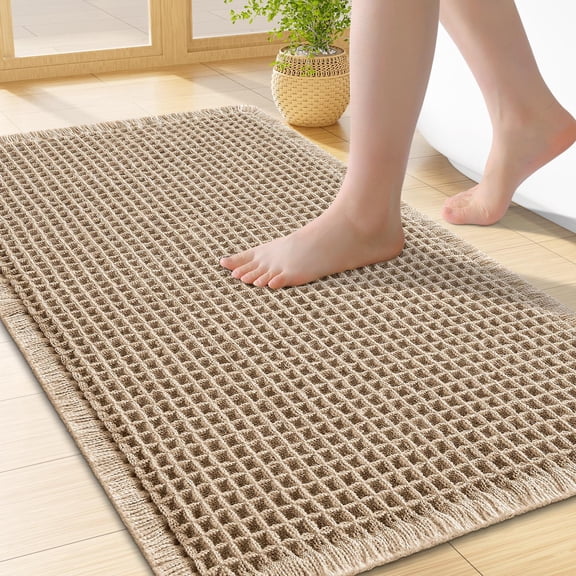 Smiry Waffle Bathroom Rugs 24x17, Extra Soft Absorbent Bath Mat, Non Slip Quick Dry Bath Rugs for Bathroom Floor, Tub and Home Decor with Tassels Boho, Brown